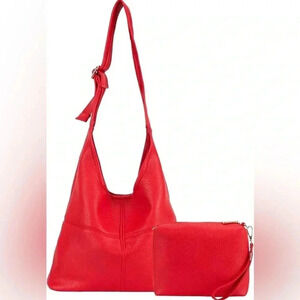 RED ULTRA SOFT VEGAN LEATHER SLOUCHY HOBO BAG & MATCHING COSMETIC BAG NWT